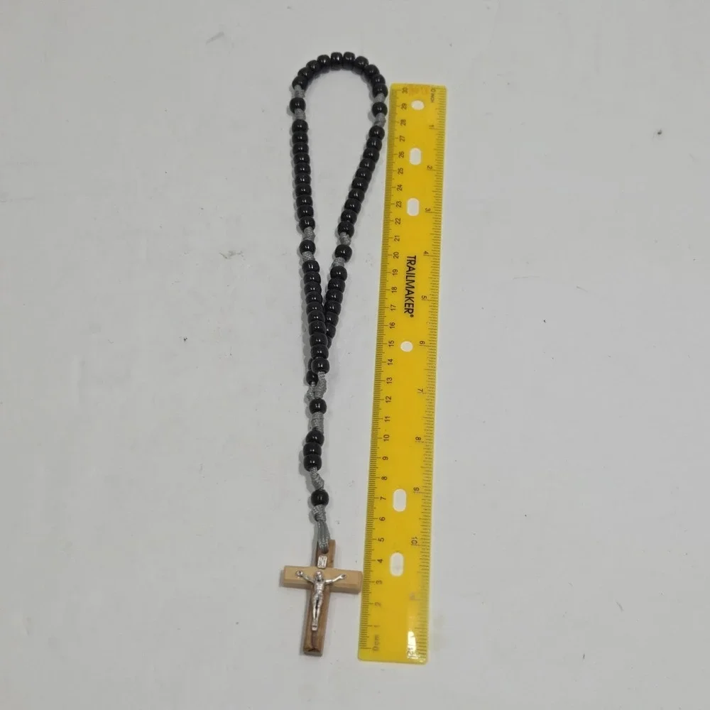 JERUSALEM OLIVE WOOD‎ CRUCIFIX ROSARY BLACK BEADS CORD CATHOLIC PRAYER...